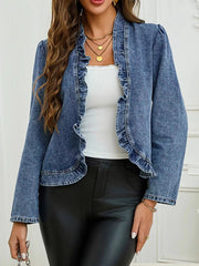 Ruffle Trim Cropped Denim Jacket Medium - Fashorio