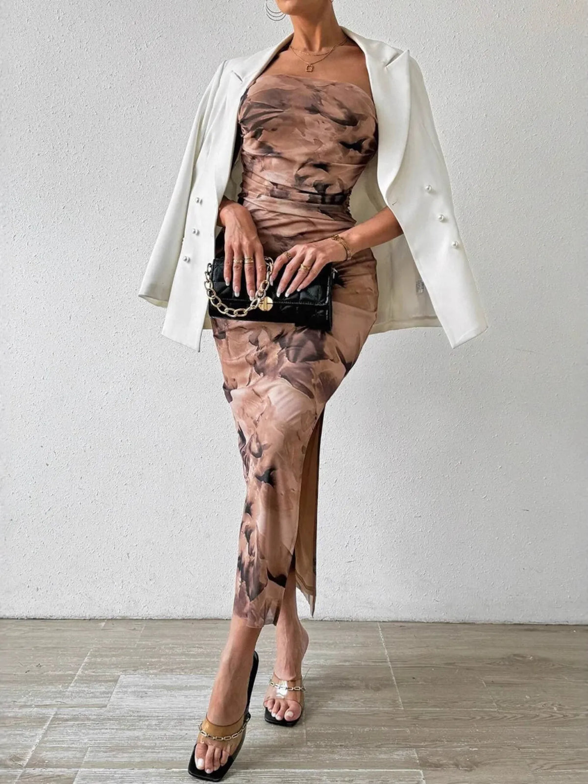 Printed side slit tube maxi dress styling detail