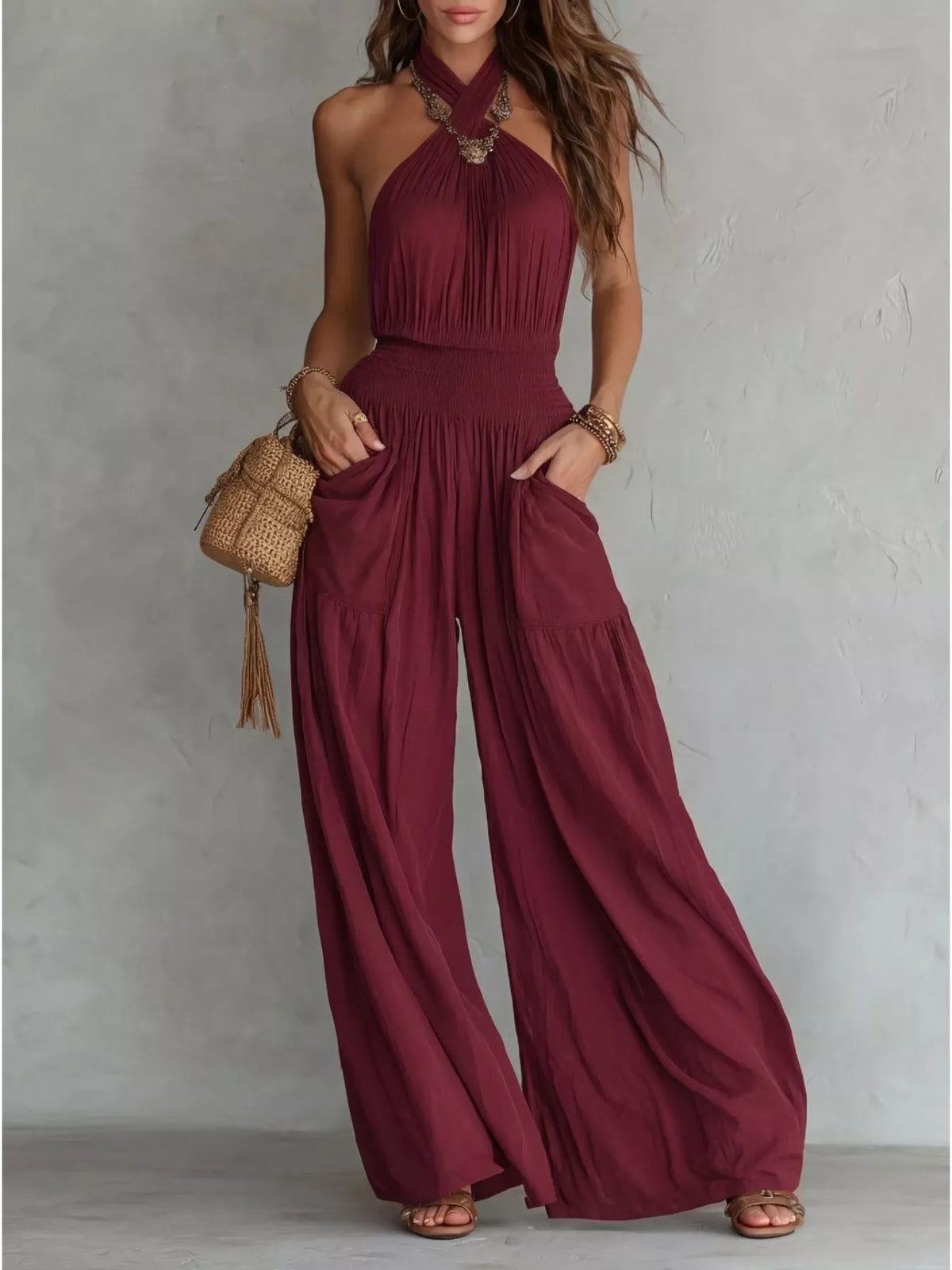 Halter neck wide leg jumpsuit styled view