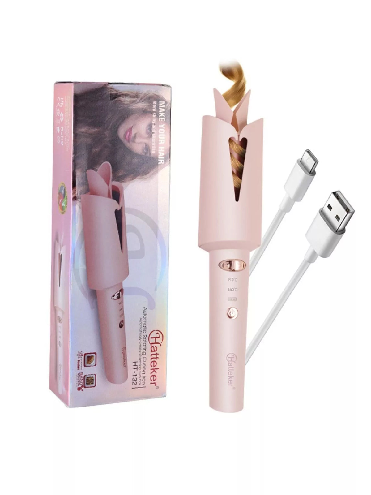 Curling iron shown with curled strands