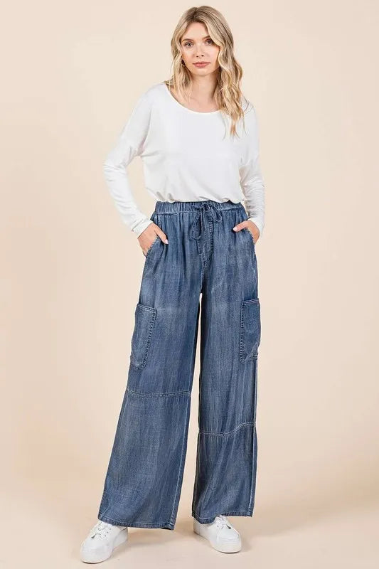 Mittoshop Washed Elastic Waist Cargo Wide Leg Pants - Fashorio