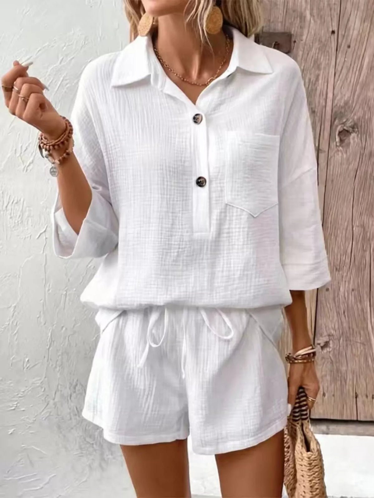 Coordinated button detail top and shorts side view