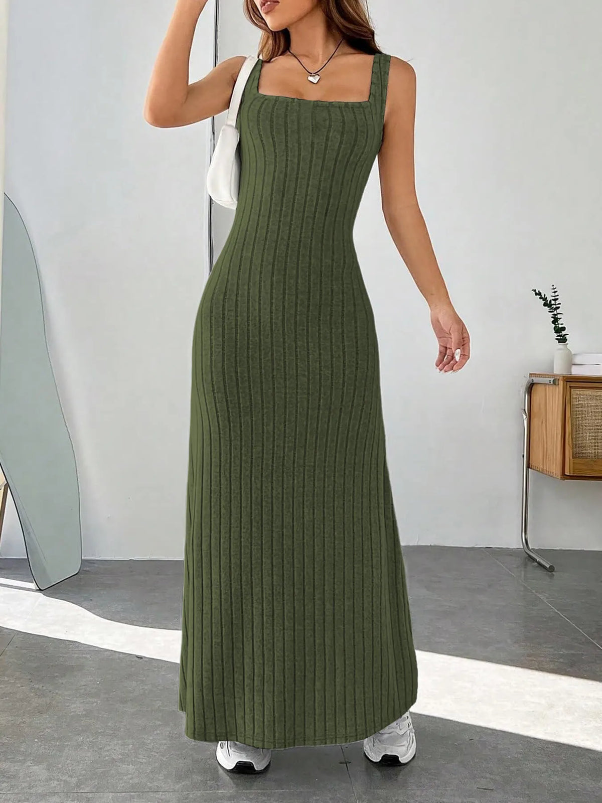 ribbed knit square neck sleeveless maxi dress full length view 2