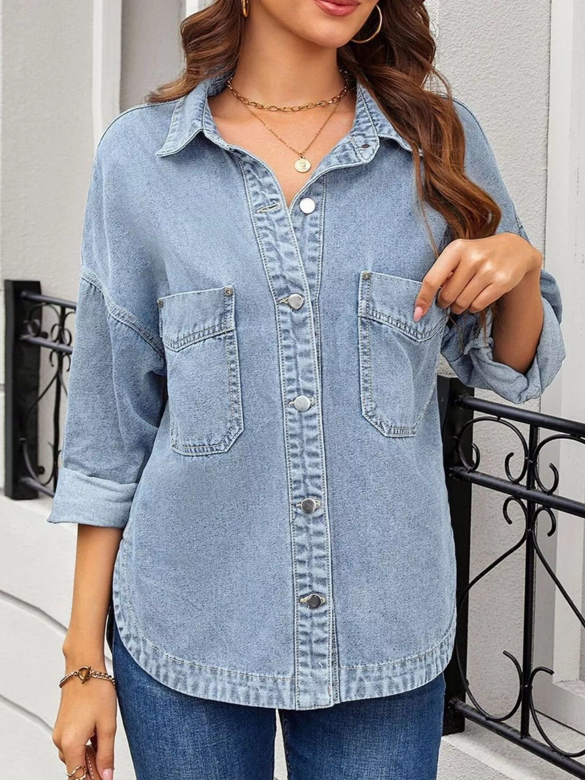 Loose Fit Button Up Denim Jacket in Light Blue back view