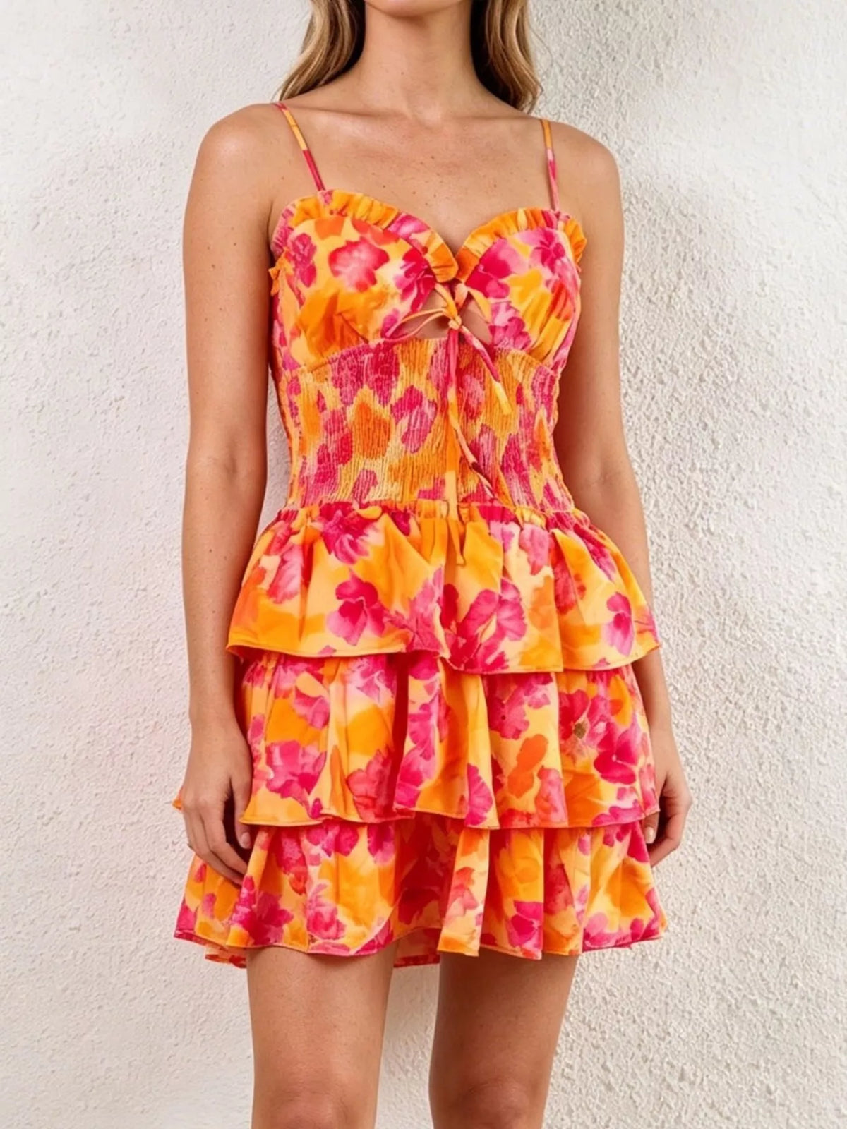 Orange floral cutout ruffle mini dress side view