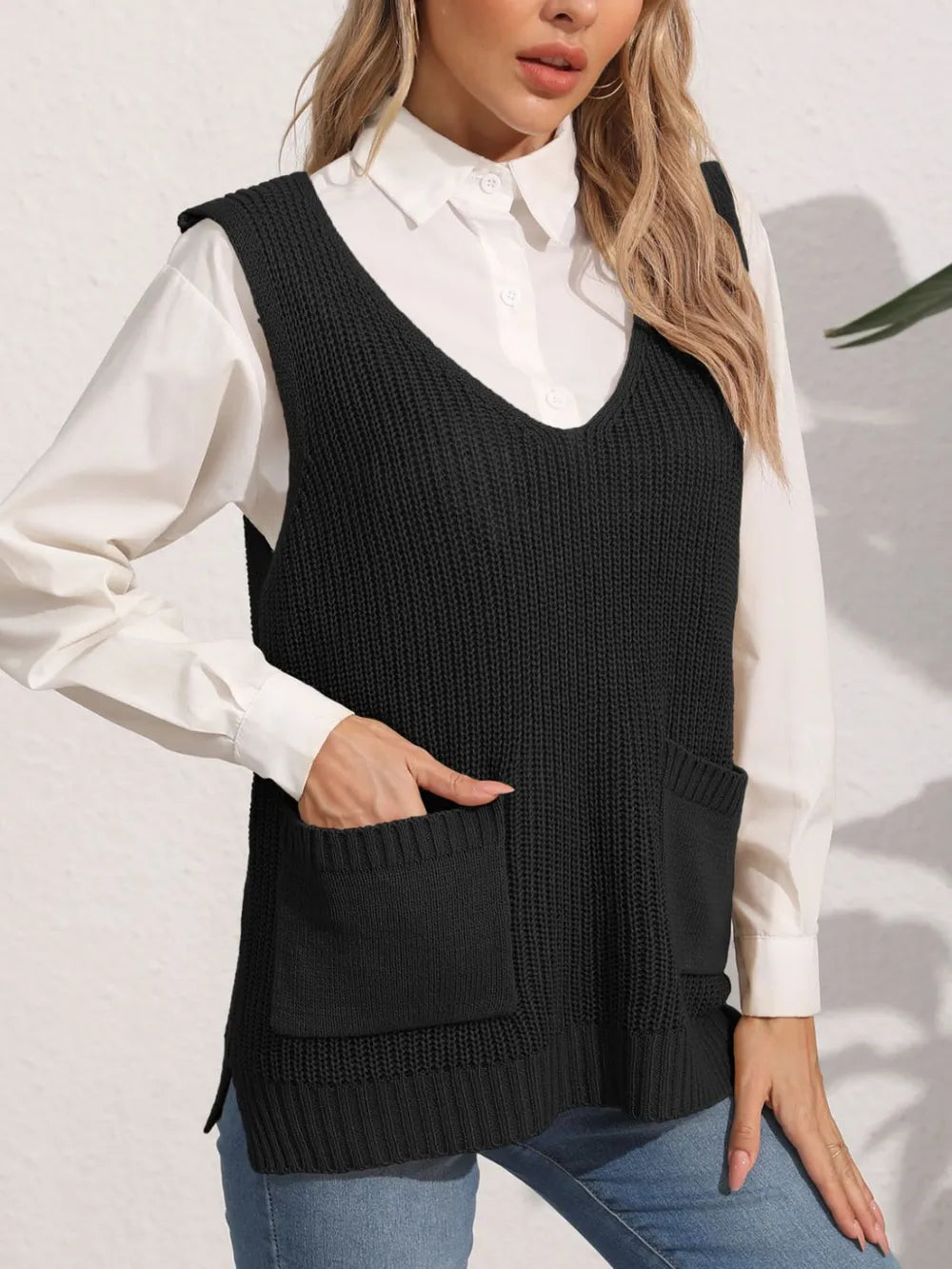 Pocketed V Neck Sweater Vest in Camel close up