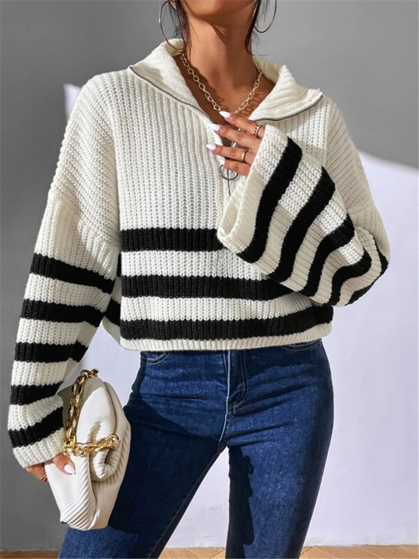 Striped Half Zip Cropped Sweater White - Fashorio
