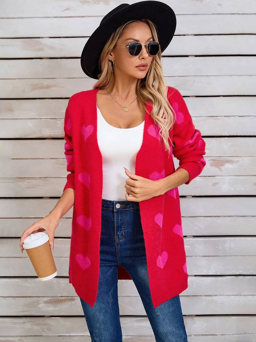 Angel Wings Heart Open Front Long Sleeve Cardigan Scarlet - Fashorio