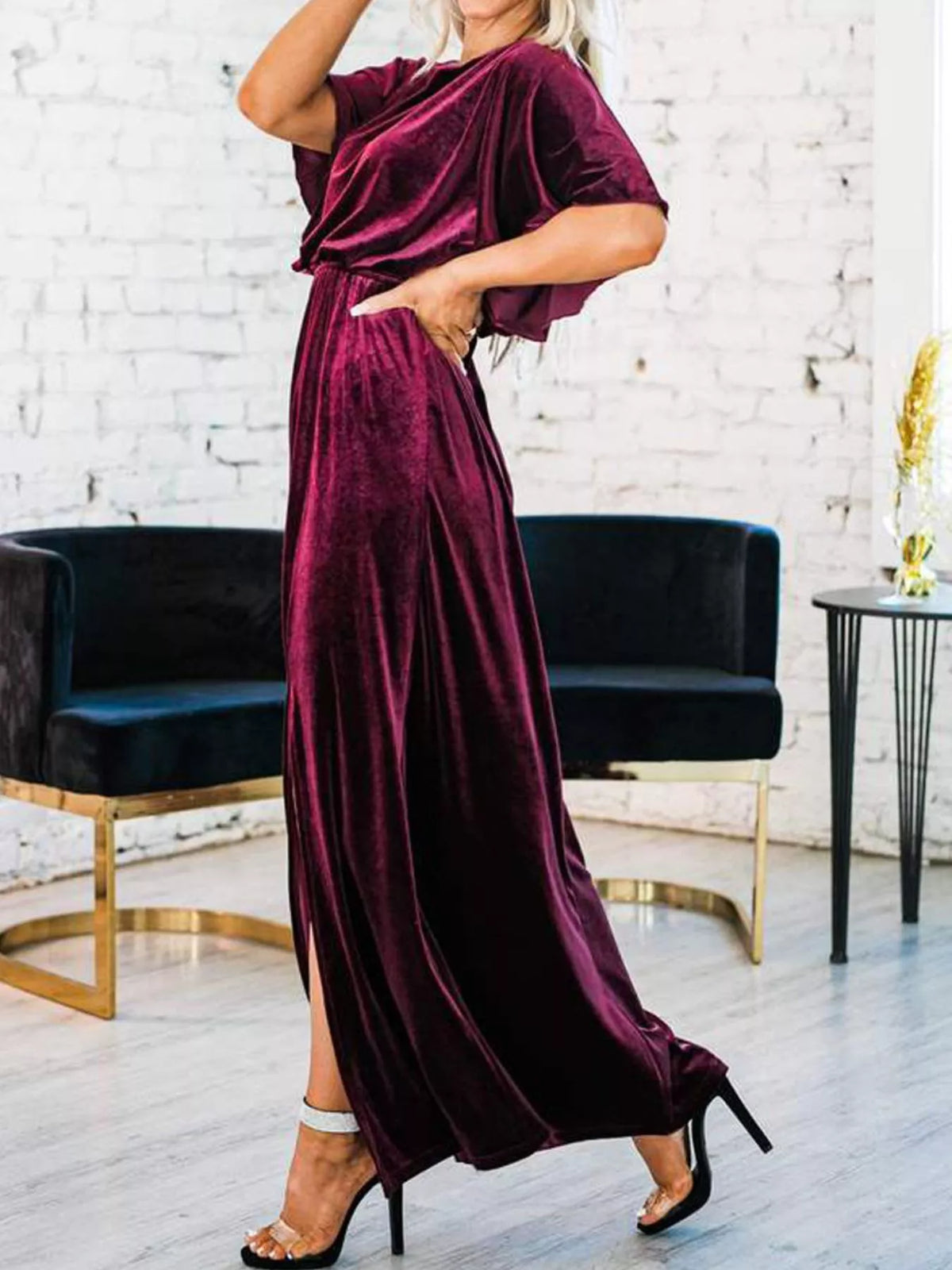 flutter sleeve velvet maxi dress close up view