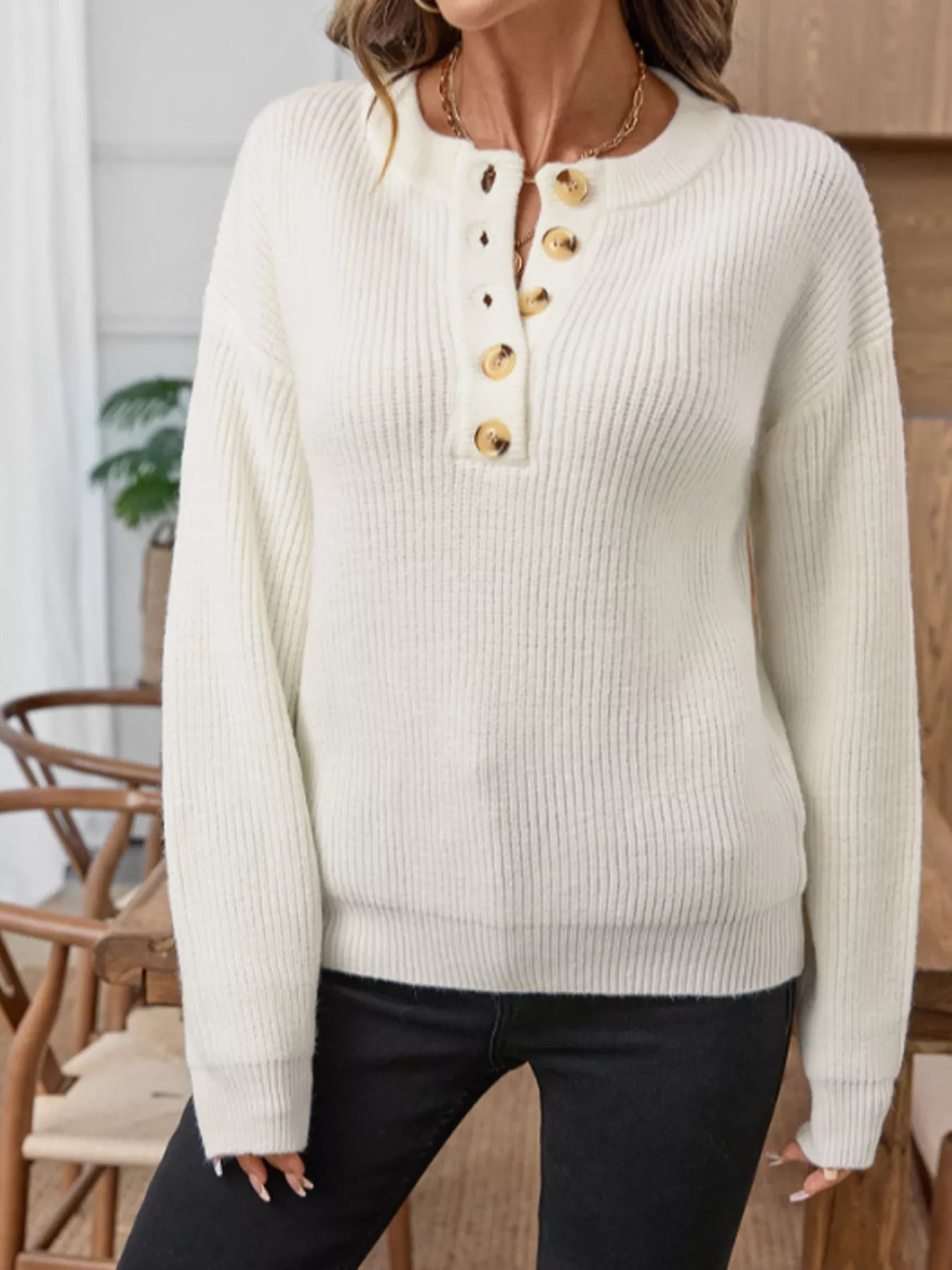 Button Detail Long Sleeve Sweater - Fashorio