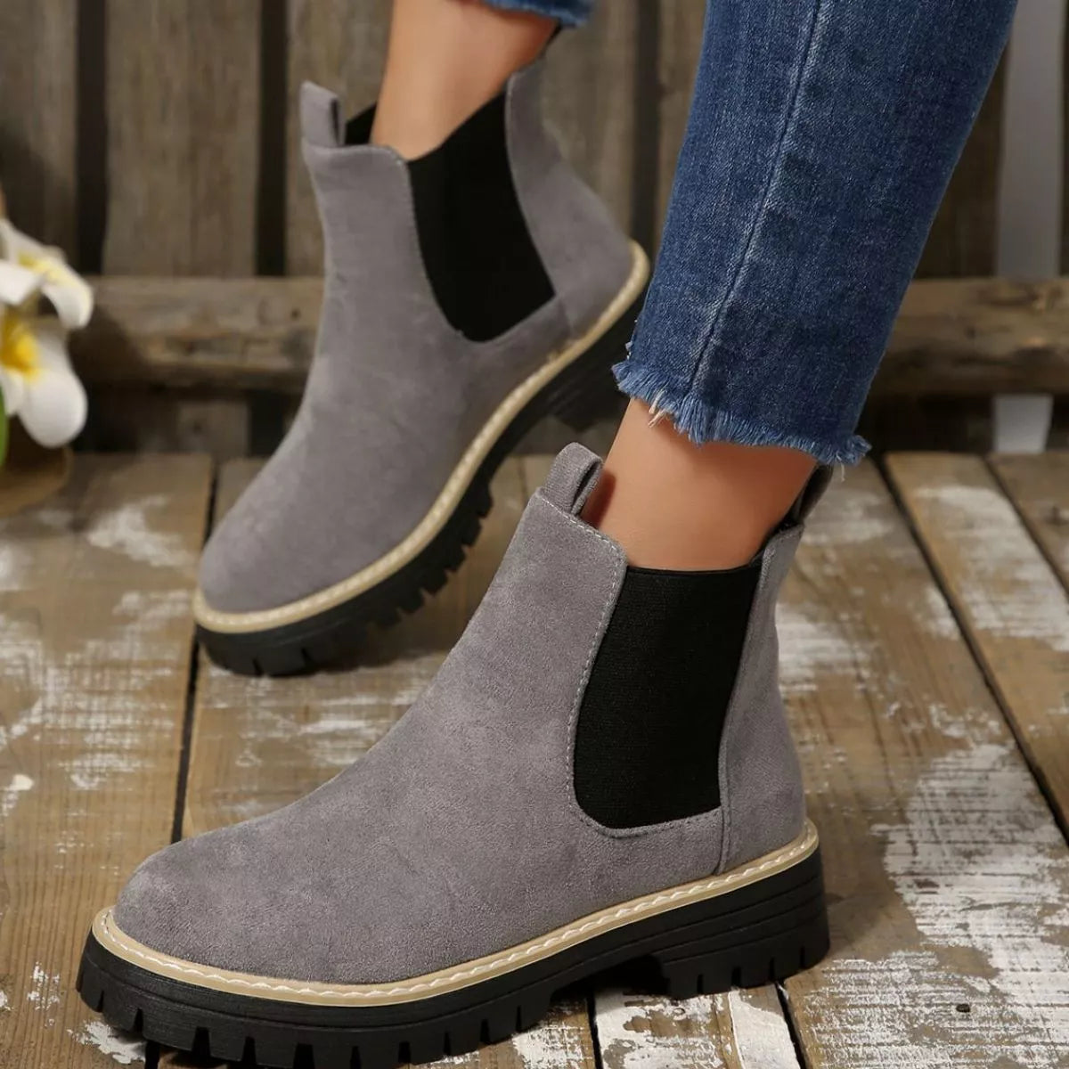 Round Toe Block Heel Boots full length view