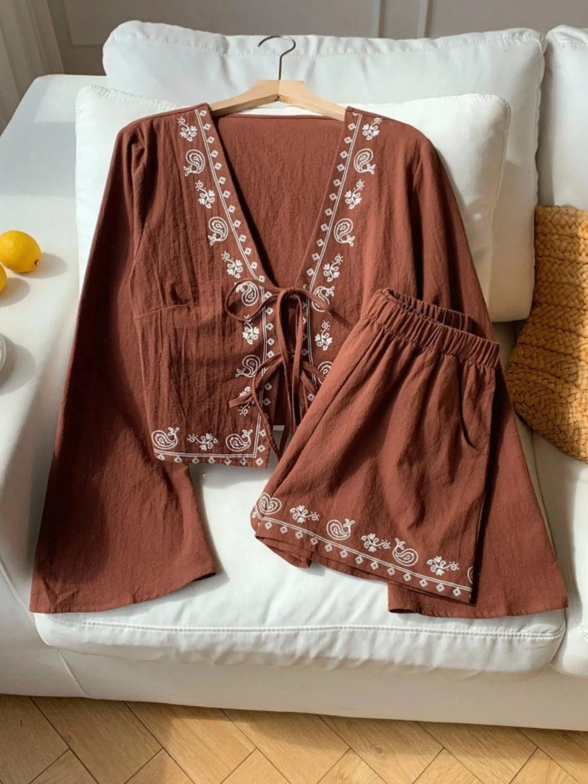 Embroidered Tie Front Top and Shorts Set, view 7