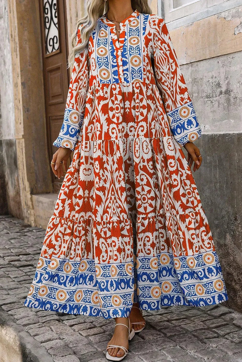 Printed notched neck long sleeve maxi dress front view