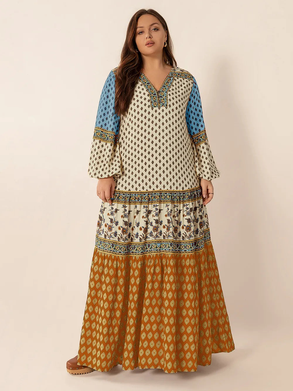 Printed V Neck Balloon Sleeve Maxi Dress view 8