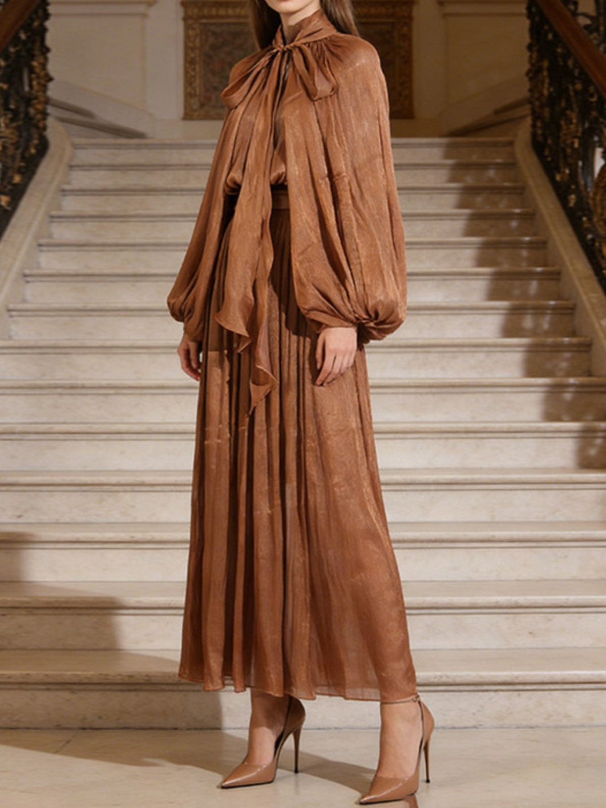 tie front balloon sleeve midi dress detail view