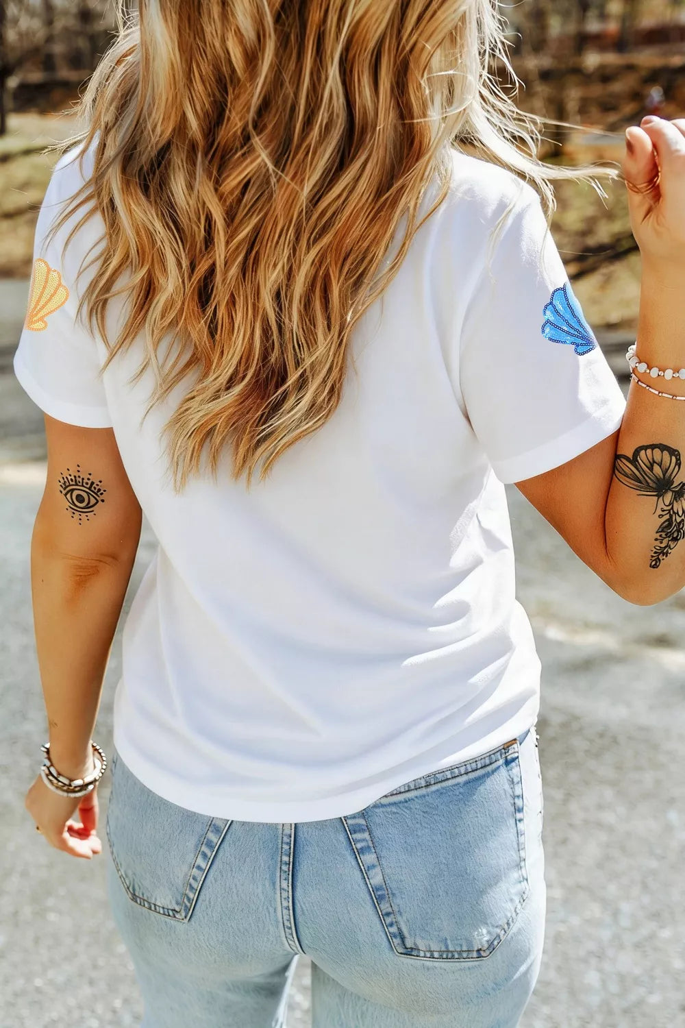 White sequin shell graphic short sleeve tee back view