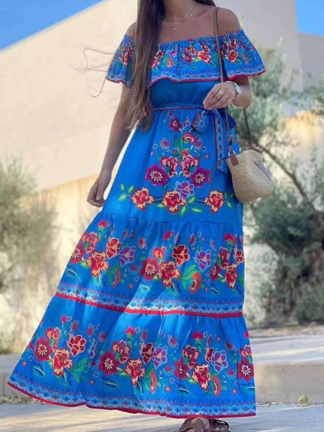 Floral off shoulder ruffle maxi dress view 21