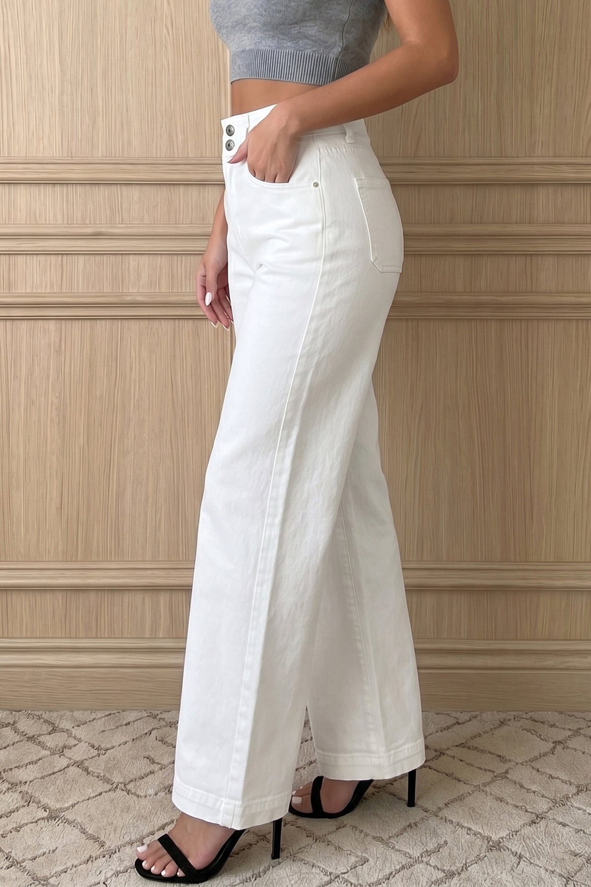 Pink 2 Button High Waist Wide Leg Jeans, view 26