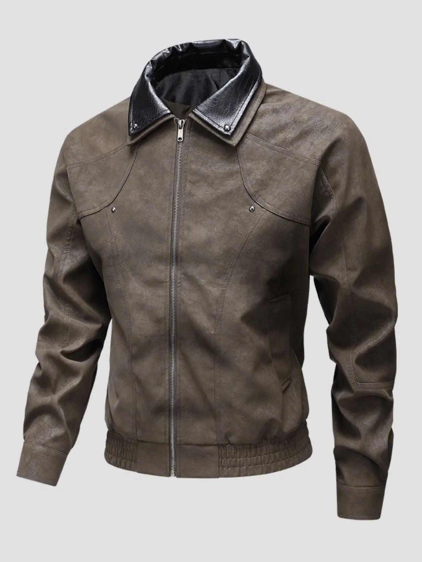 Men's Plus Size Leather Bomber Jacket with Full Zip Front Brown - Fashorio
