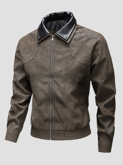 Men's Plus Size Leather Bomber Jacket with Full Zip Front Brown - Fashorio