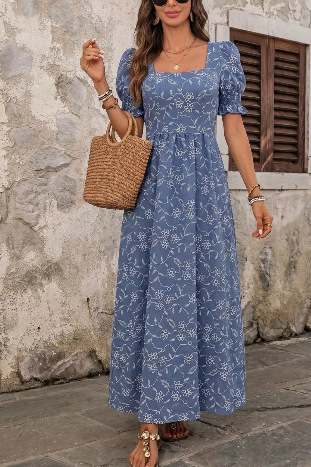 Dusty blue puff sleeve maxi dress side view