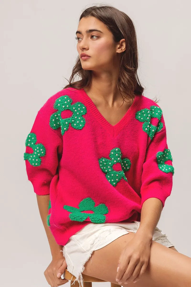 BiBi Pearl Beads Flowers Sweater Top - Fashorio