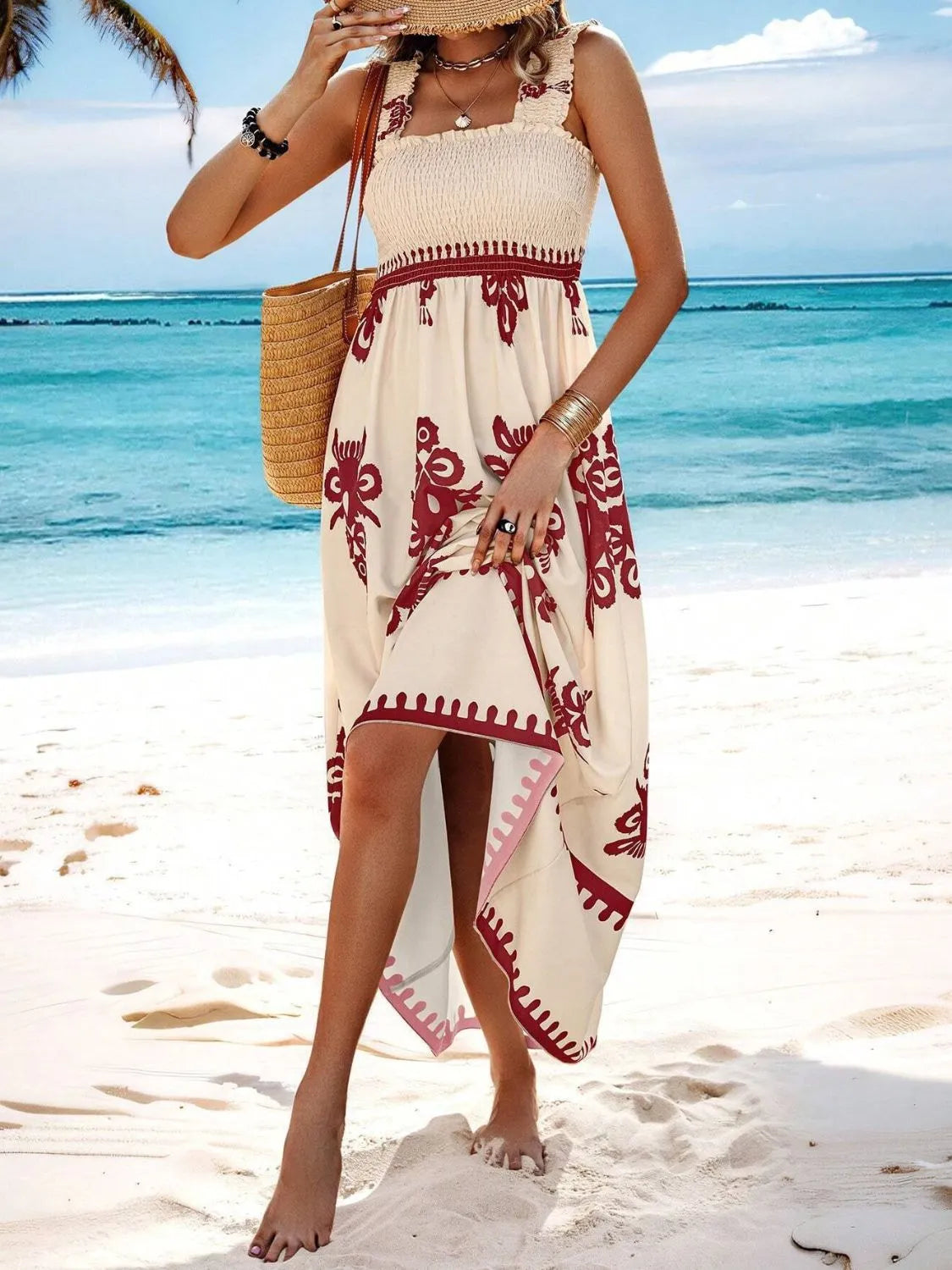 Smocked Printed Wide Strap Maxi Dress, view 28