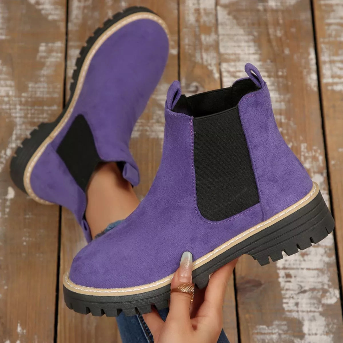 Round Toe Block Heel Boots paired with denim