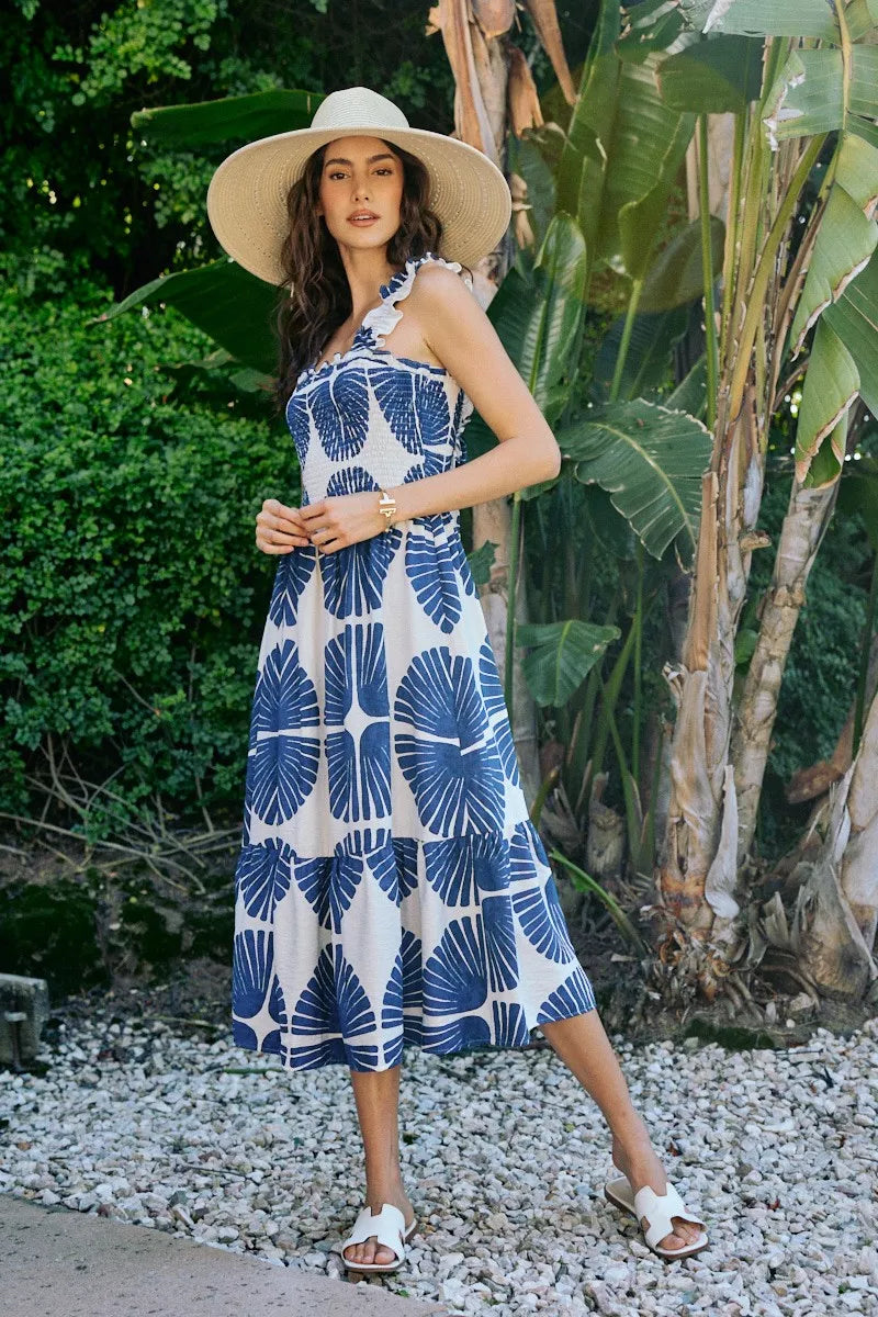 Navy abstract print smocked bodice tiered midi dress front view