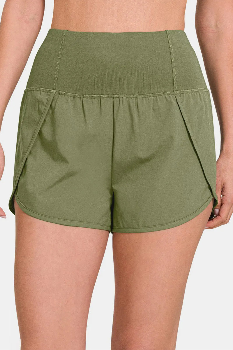 light olive Zenana high waist zip pocket active shorts front view