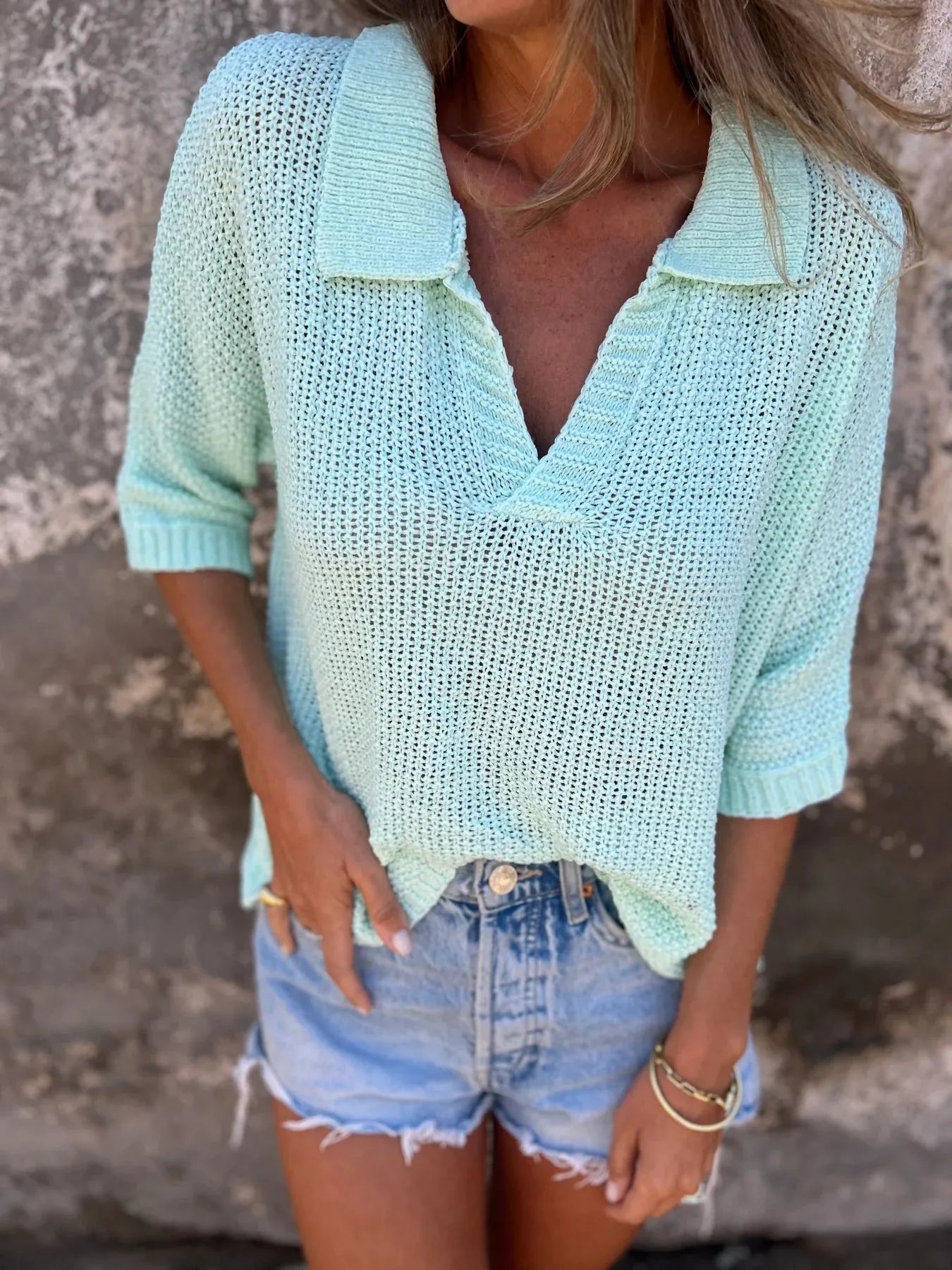 Full Size Johnny Collar Loose Knit Sweater Plus Size - Fashorio