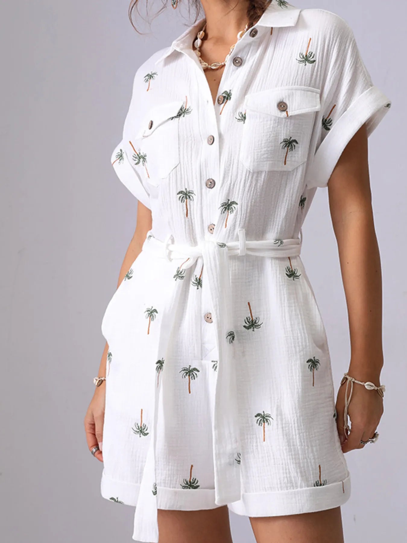 Palm Tree Print Short Sleeve Button-Up Romper with Belt - Fashorio
