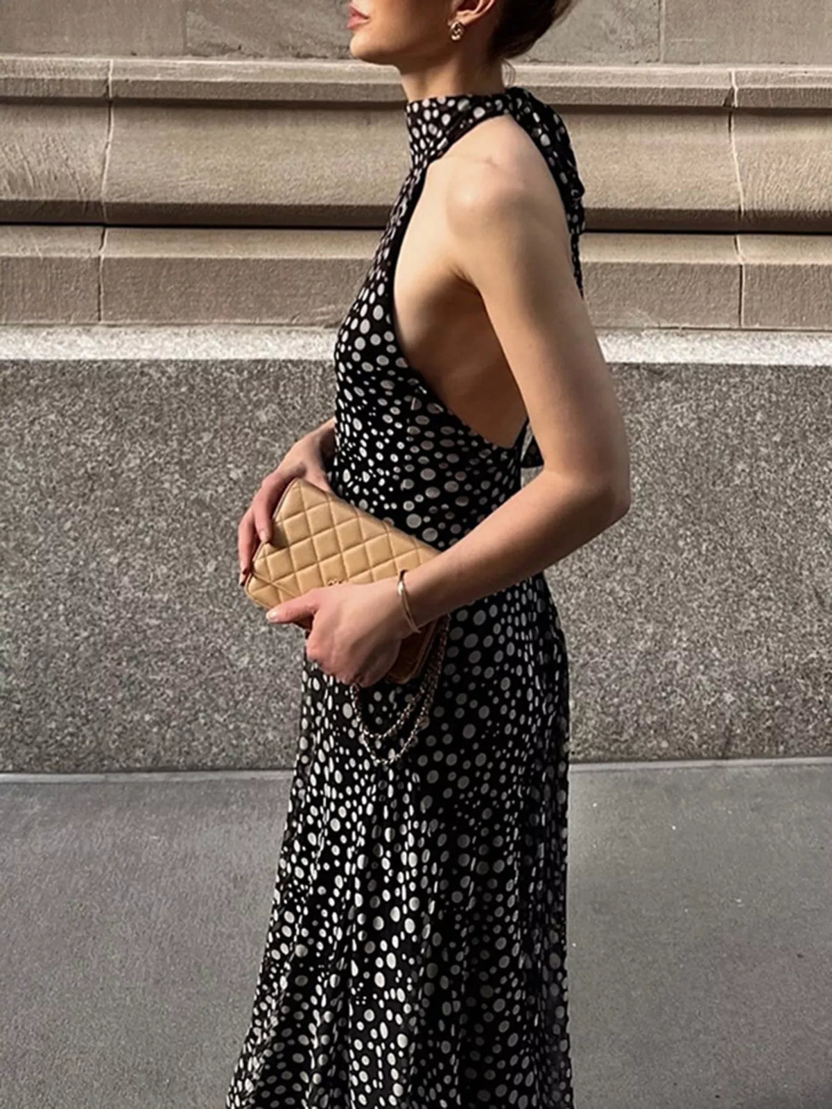 Black halter neck polka dot maxi dress, full length styling