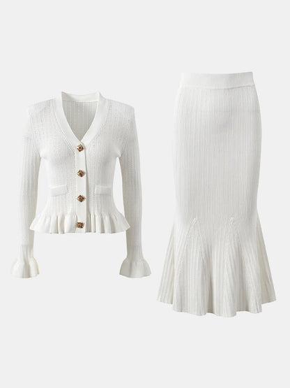 Ruffled V-Neck Top and Midi Skirt Sweater Set - Fashorio