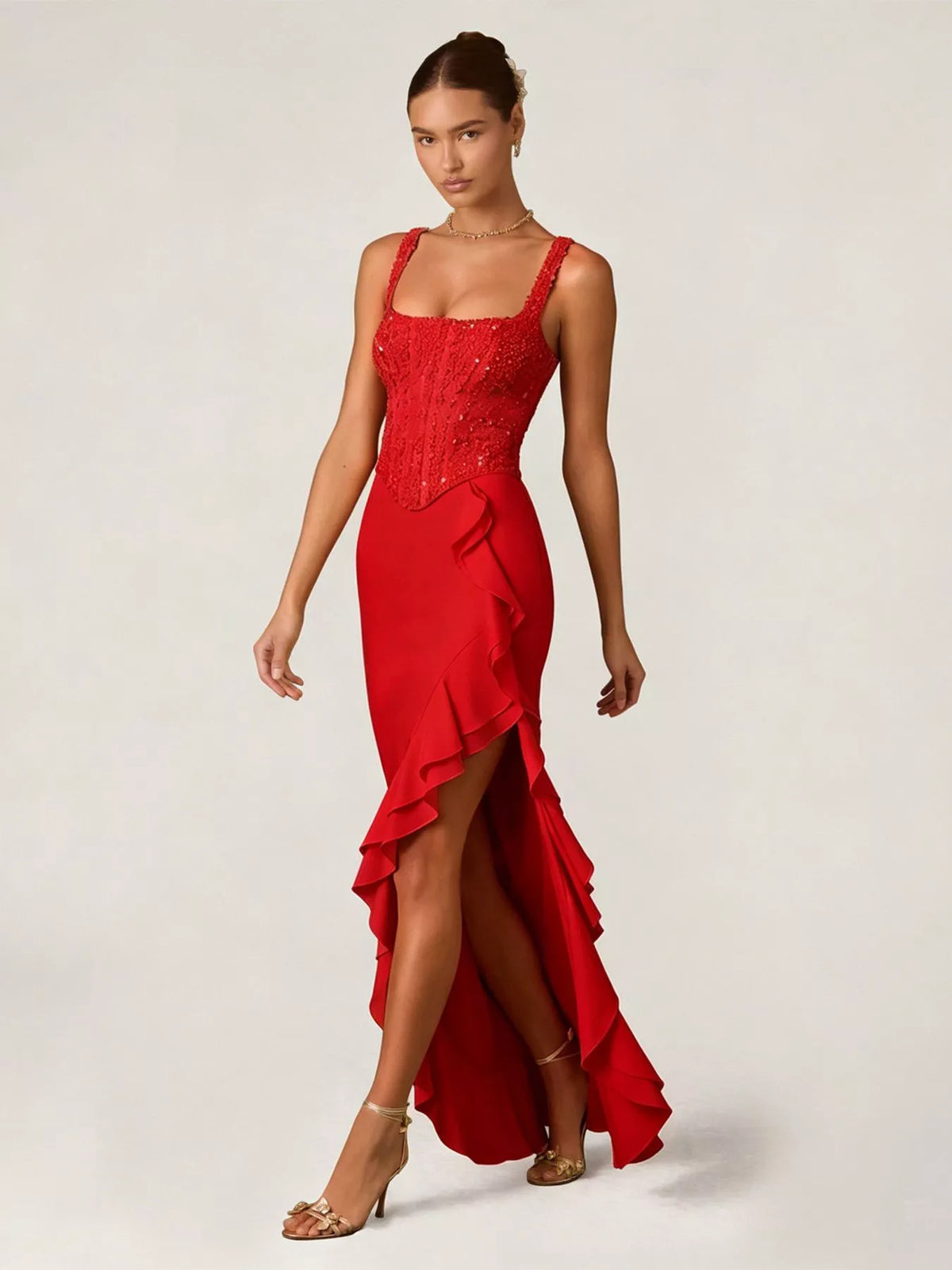Sequin ruffle hem maxi dress, side view