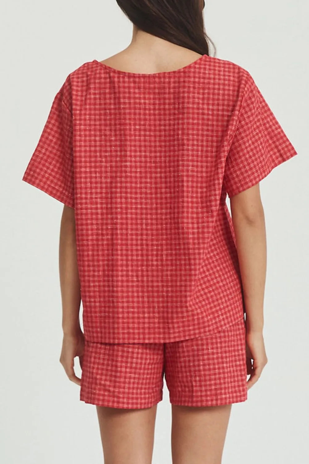 Plaid Tied Scoop Neck Short Sleeve Top and Drawstring Shorts Set view 9