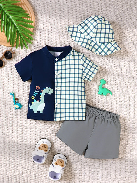 Children's Hat Dinosaur Plaid Button Up Top and Shorts 3-Piece Set Dark Navy - Fashorio