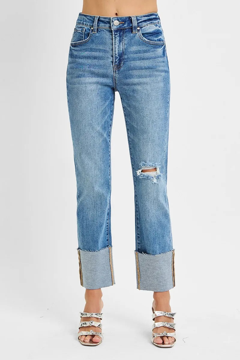 RISEN high rise straight wide cuffed jeans front view in blue