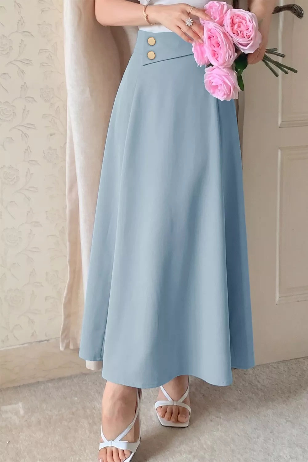Light blue A line midi skirt side view