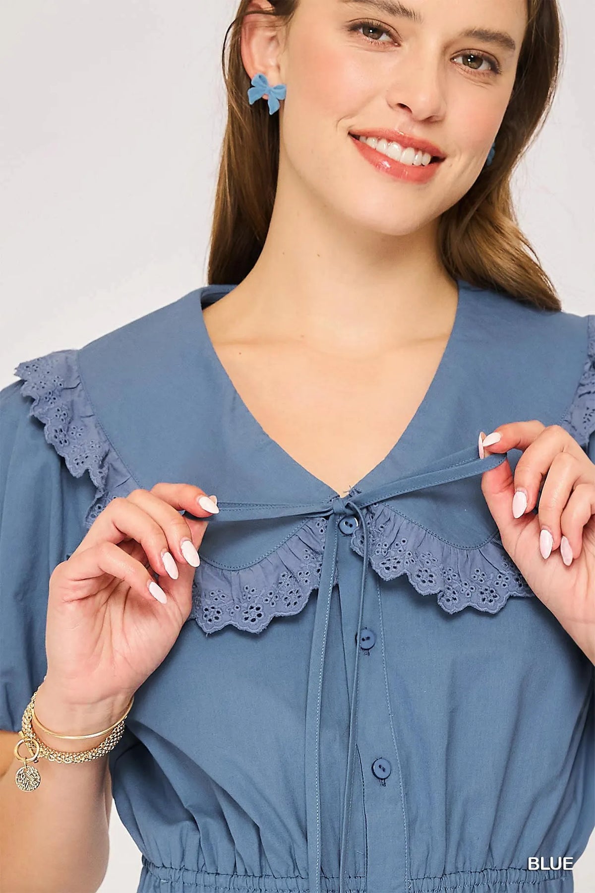 Collared Short Sleeve Button Down Romper styled look