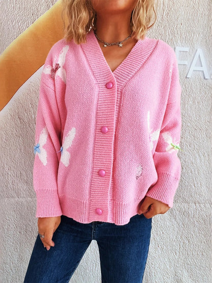 Butterfly Button Up Long Sleeve Cardigan - Fashorio