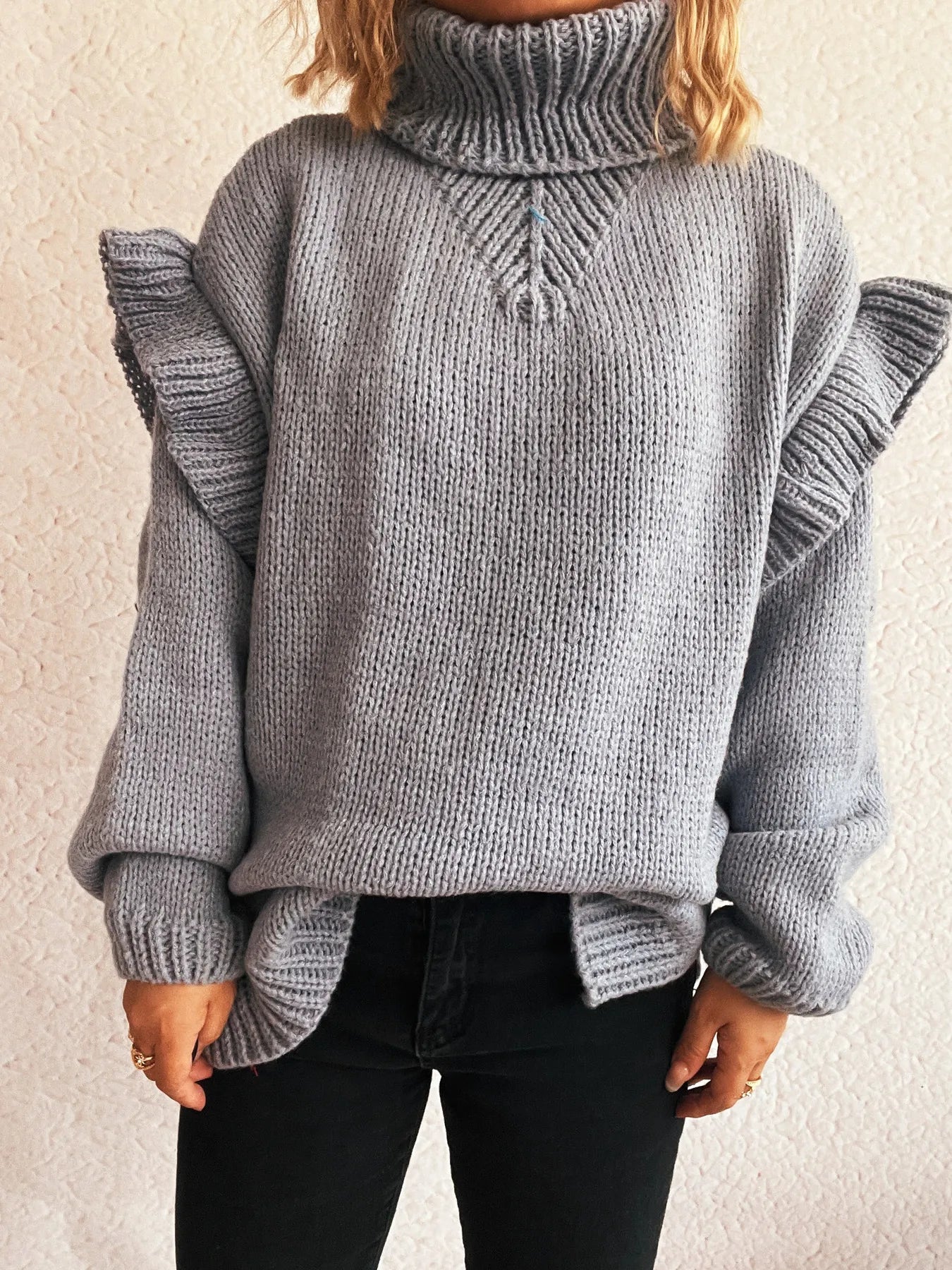 Ruffled Turtleneck Long Sleeve Sweater - Fashorio