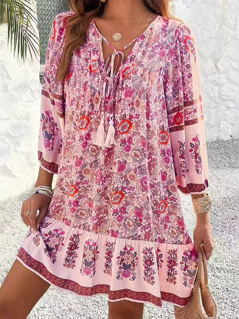 floral tassel tie neck mini dress front view
