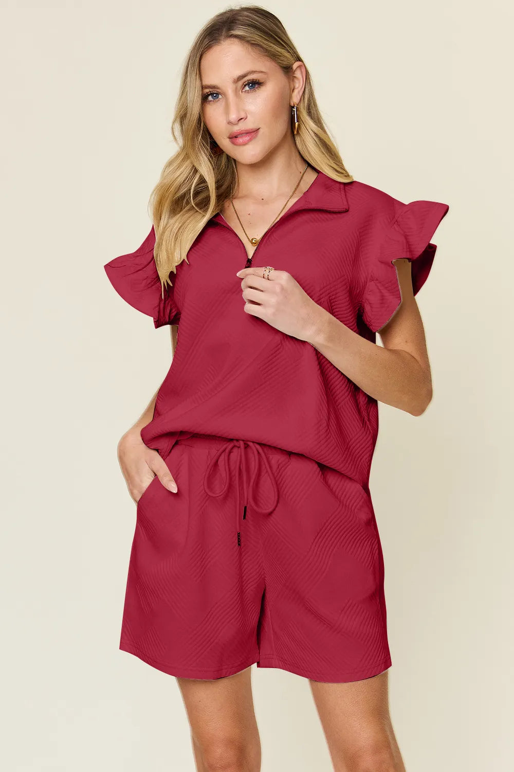 Flounce Sleeve Top and Drawstring Shorts Set, view 22