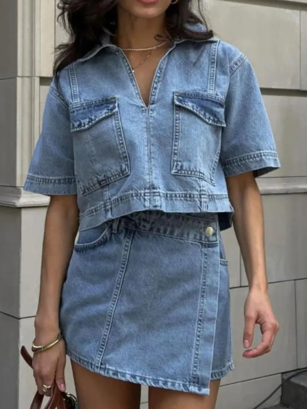 Johnny collar top and denim skort matching set