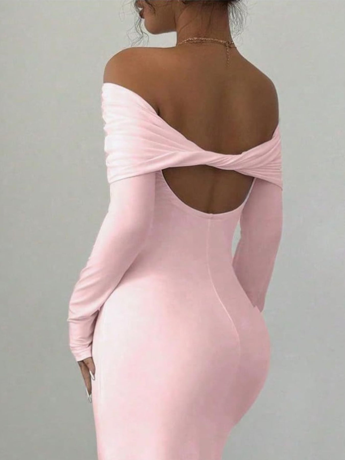 Off shoulder ruched bodycon maxi dress neckline detail