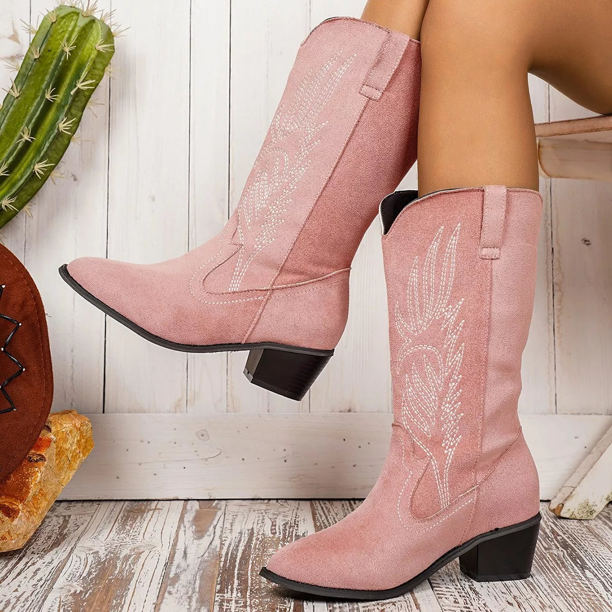 Point toe block heel boots, styled with denim