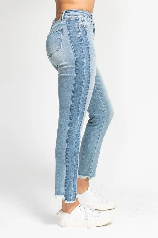 Judy Blue Vintage Wash Side Panel Fray Hem Slim Jeans – Plus Size - Fashorio