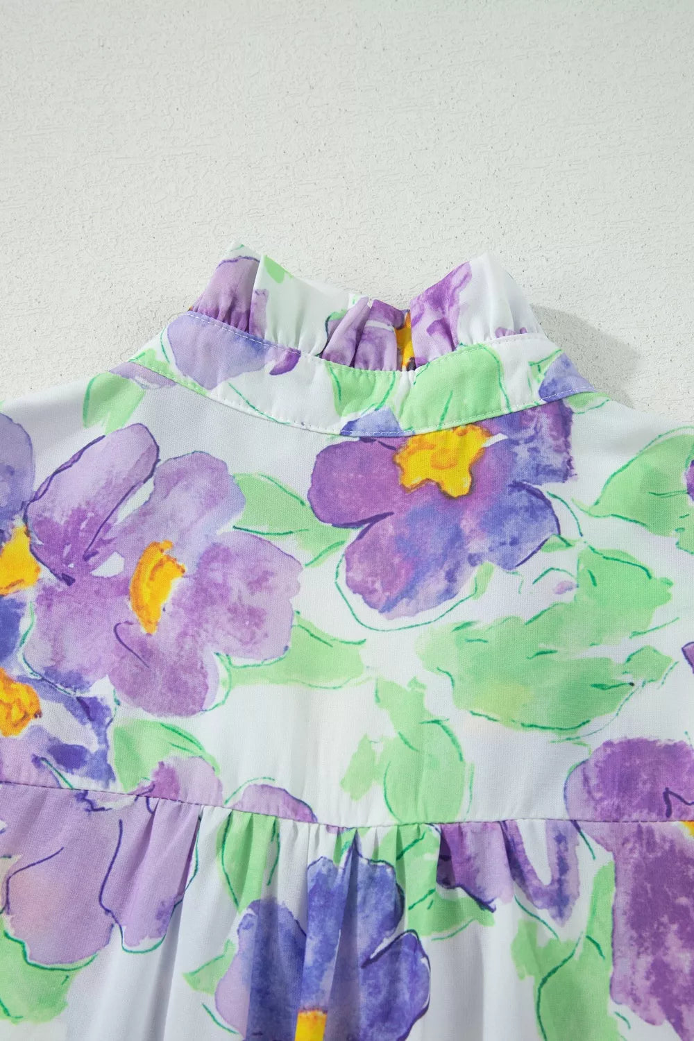 Lilac floral V collar tiered ruffle mini dress side view