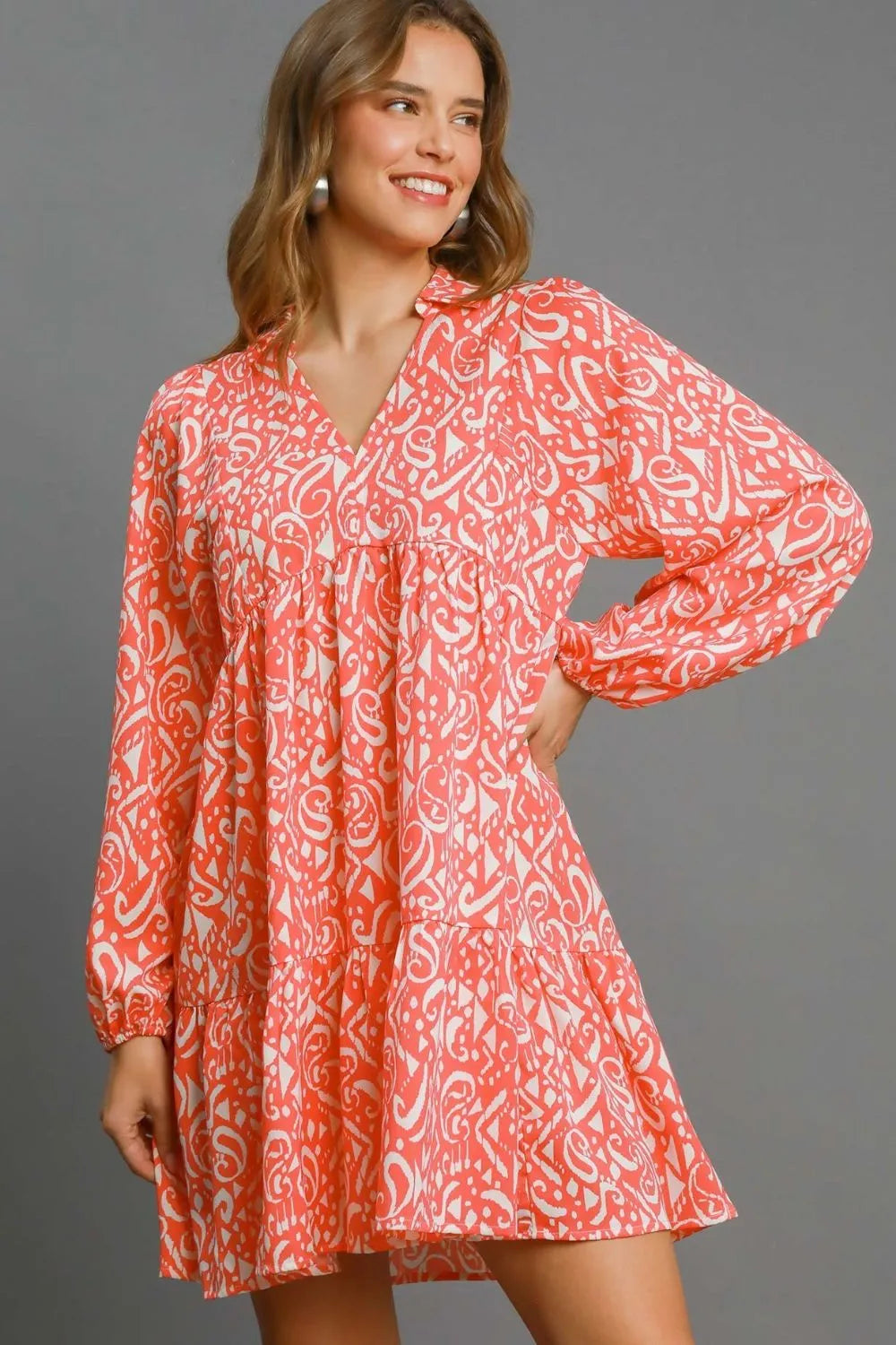 Two Tone Print Balloon Sleeve Tiered Dress